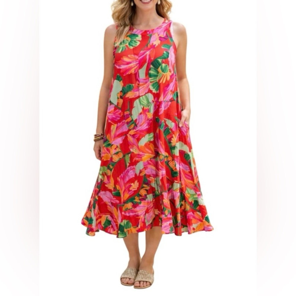 New Chico’s dress midi trapeze floral botanic berry 1 (8) pink tie neck $159